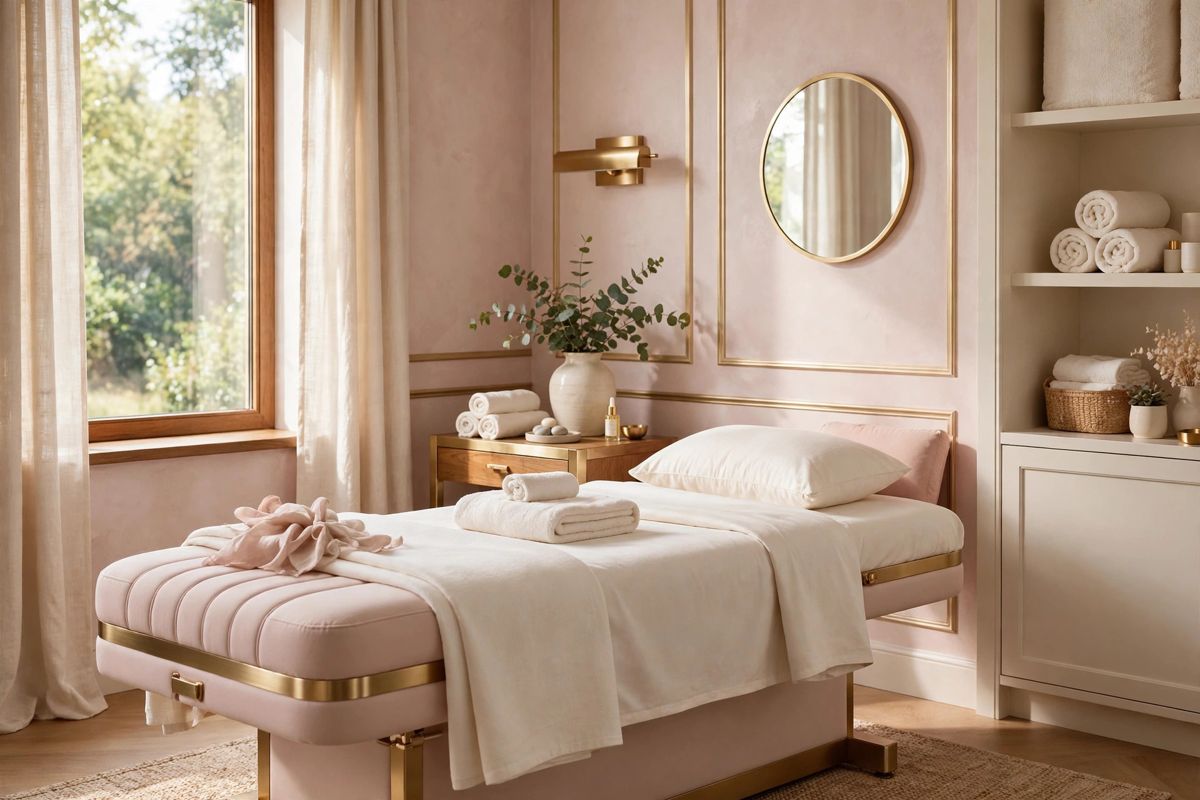 Inside a calm blush and cream treatment studio